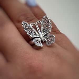 filigree butterfly ring in burnt silver