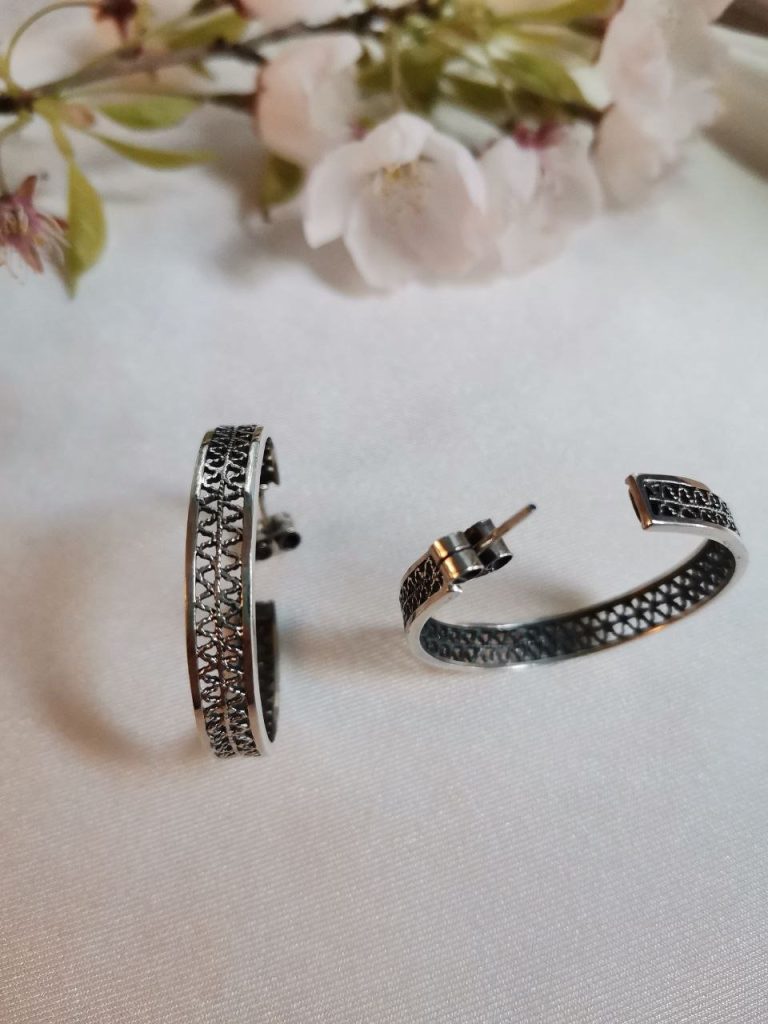 burnished filigree 950 silver hoops