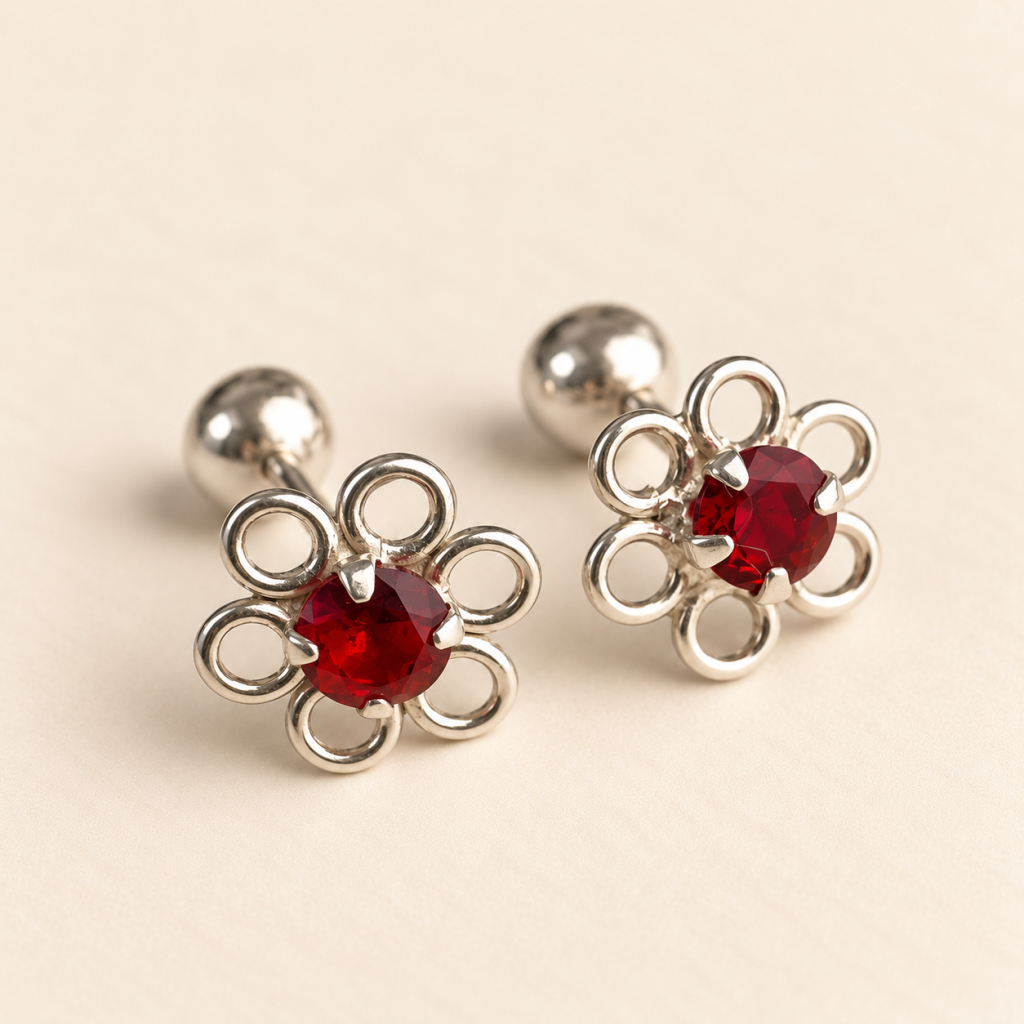 Red Flower Sparkling Daisy Screw-Back Studs for Women